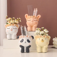 Creative Cartoon Animal Panda Dual-Use Succulent Pot & Pen Holder, Personalized Micro Landscape Planter Decor