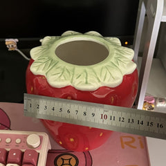 Large Diameter Strawberry Ceramic Vase, Wide Mouth Chopstick Holder Pen Holder, 3D Fruit Shape Balcony Decor