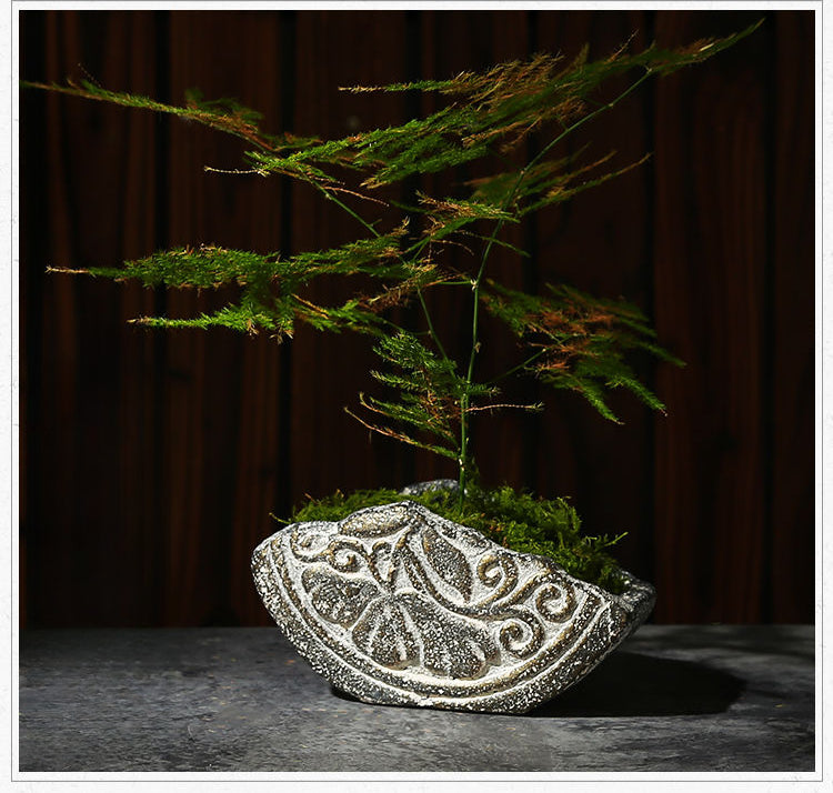 Chinese Style Imitation Stone Ceramic Flower Pot, Vintage Distressed Succulent Green Plant Planter with Cement Tray