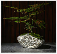 Chinese Style Imitation Stone Ceramic Flower Pot, Vintage Distressed Succulent Green Plant Planter with Cement Tray