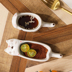Cute Cat Ceramic Small Dish, High Aesthetic Dipping Sauce Dish, Dual-Use Chopstick Rest, Multi-functional Home Use
