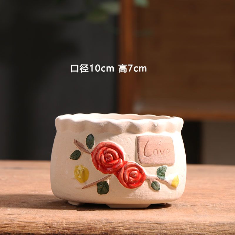 Spring Dot Ceramic Succulent Pot, Simple Home Balcony Terracotta Coarse Pottery Small Planter