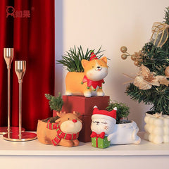Cute Cartoon Christmas Reindeer Little Cat Small Animal Succulent Pot, American Style Balcony Garden Decor Gift