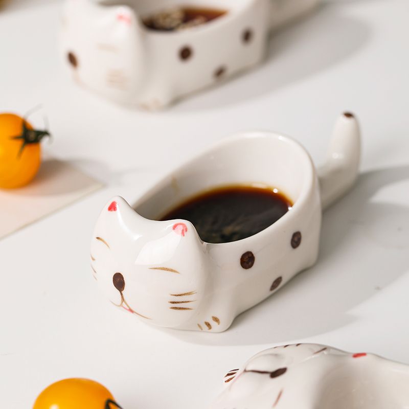 Cute Cat Ceramic Small Dish, High Aesthetic Dipping Sauce Dish, Dual-Use Chopstick Rest, Multi-functional Home Use