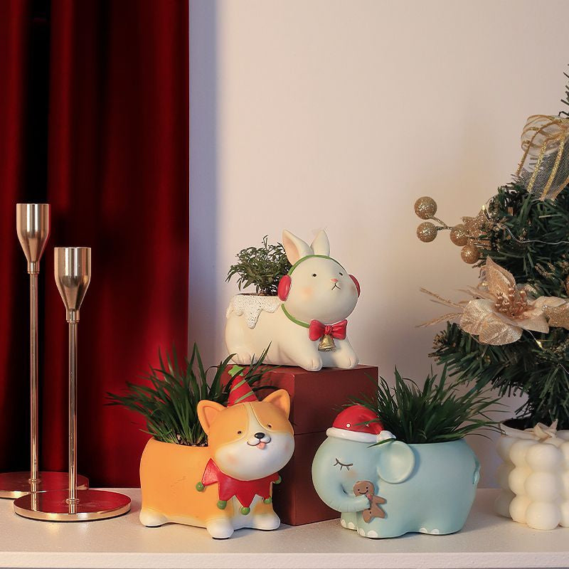 Cute Cartoon Christmas Reindeer Little Cat Small Animal Succulent Pot, American Style Balcony Garden Decor Gift
