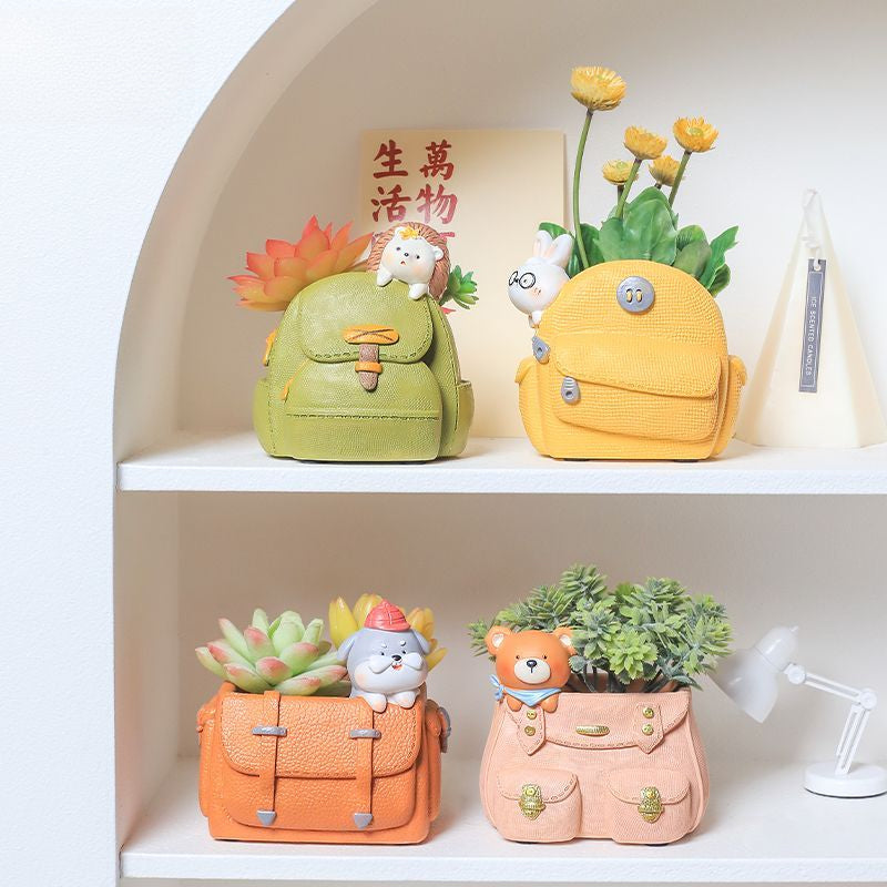 Creative Cute Cartoon Backpack Puppy Succulent Pot, Personalized Balcony Decoration Potted Plant Bonsai Figurine