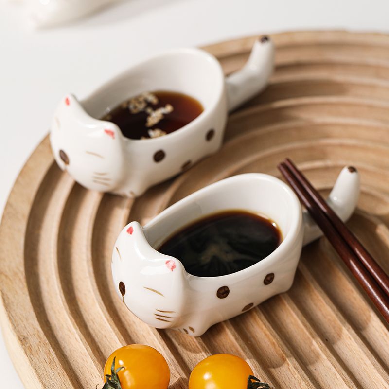 Cute Cat Ceramic Small Dish, High Aesthetic Dipping Sauce Dish, Dual-Use Chopstick Rest, Multi-functional Home Use
