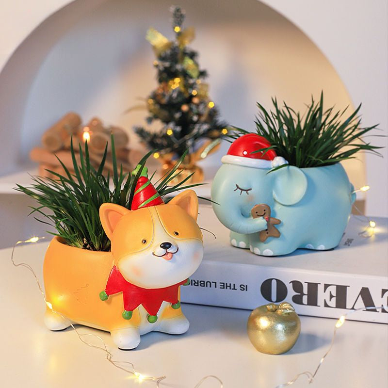 Cute Cartoon Christmas Reindeer Little Cat Small Animal Succulent Pot, American Style Balcony Garden Decor Gift