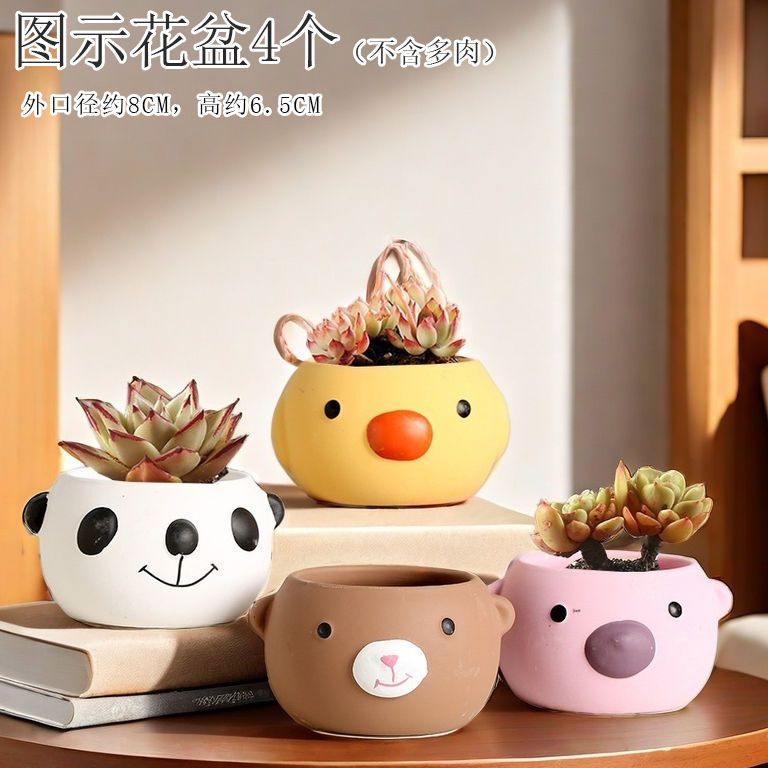Creative Cute Animal Coarse Pottery Succulent Pot Set, Simple Durable High Aesthetic Home Decor