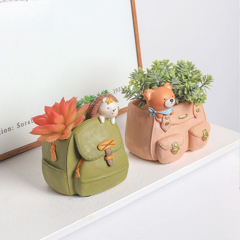 Creative Cute Cartoon Backpack Puppy Succulent Pot, Personalized Balcony Decoration Potted Plant Bonsai Figurine