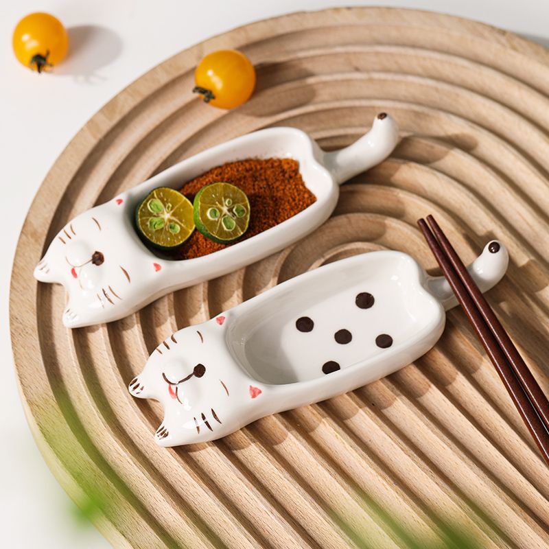 Cute Cat Ceramic Small Dish, High Aesthetic Dipping Sauce Dish, Dual-Use Chopstick Rest, Multi-functional Home Use