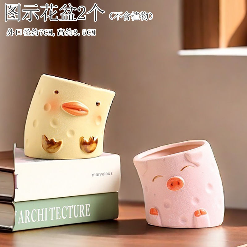 Creative Cute Animal Coarse Pottery Succulent Pot Set, Simple Durable High Aesthetic Home Decor