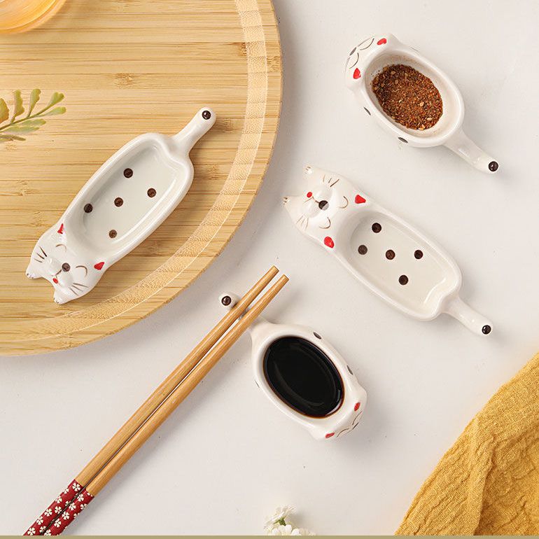 Cute Cat Ceramic Small Dish, High Aesthetic Dipping Sauce Dish, Dual-Use Chopstick Rest, Multi-functional Home Use