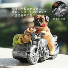 Creative Vintage Pug Small Dog Tricycle Motorcycle Figurine, Cartoon Succulent Pot, Home Planter
