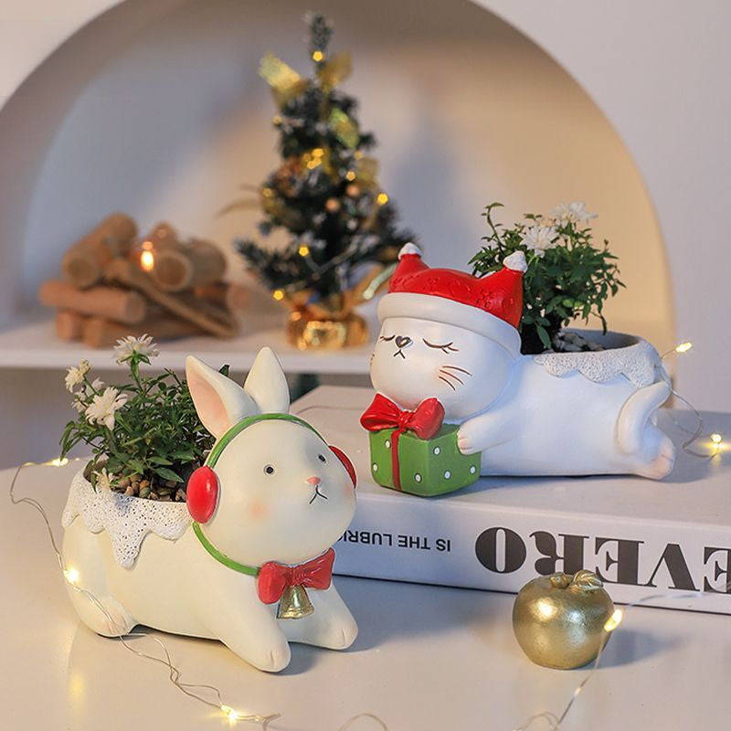 Cute Cartoon Christmas Reindeer Little Cat Small Animal Succulent Pot, American Style Balcony Garden Decor Gift
