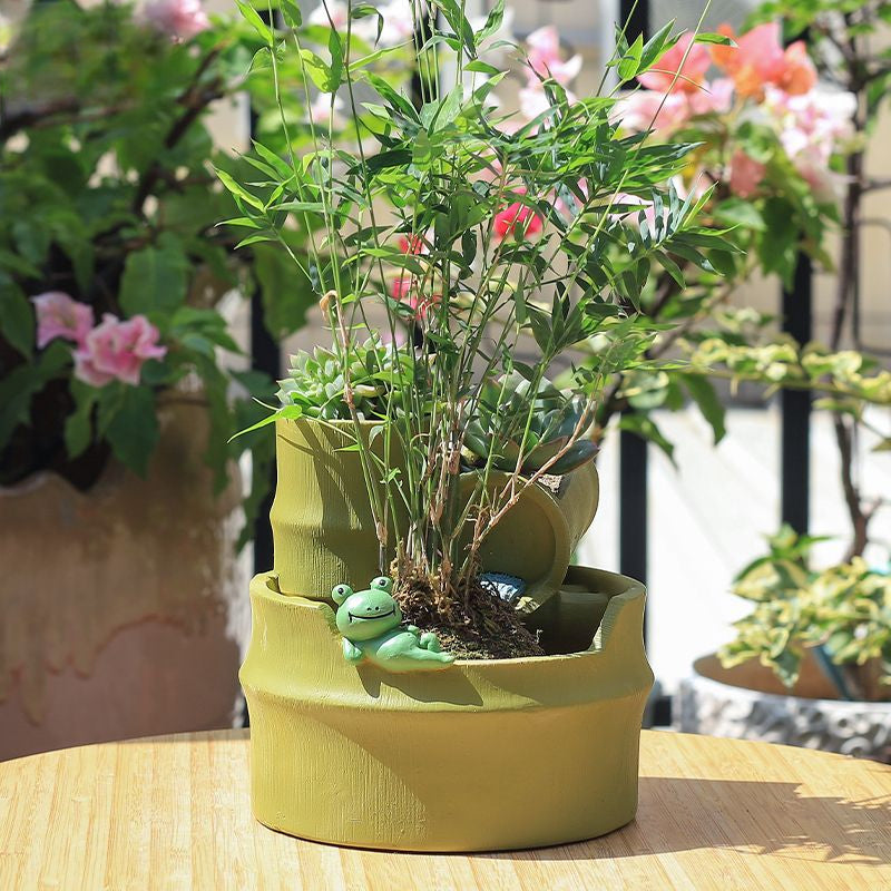 Pastoral Style Imitation Bamboo Resin Succulent Pot, Personalized Balcony Garden Micro Landscape Decor