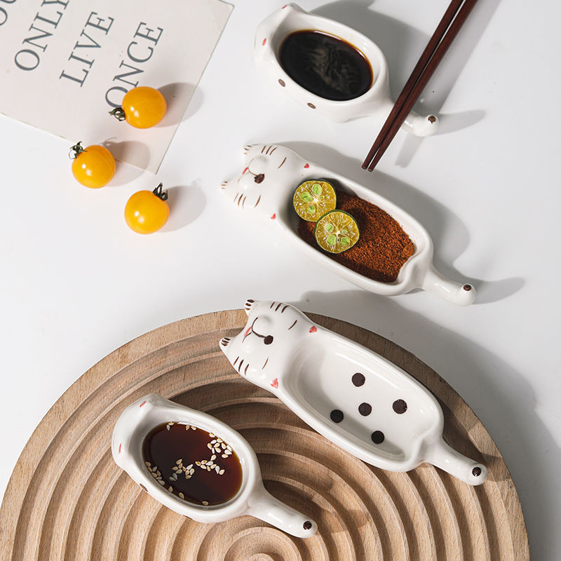 Cute Cat Ceramic Small Dish, High Aesthetic Dipping Sauce Dish, Dual-Use Chopstick Rest, Multi-functional Home Use