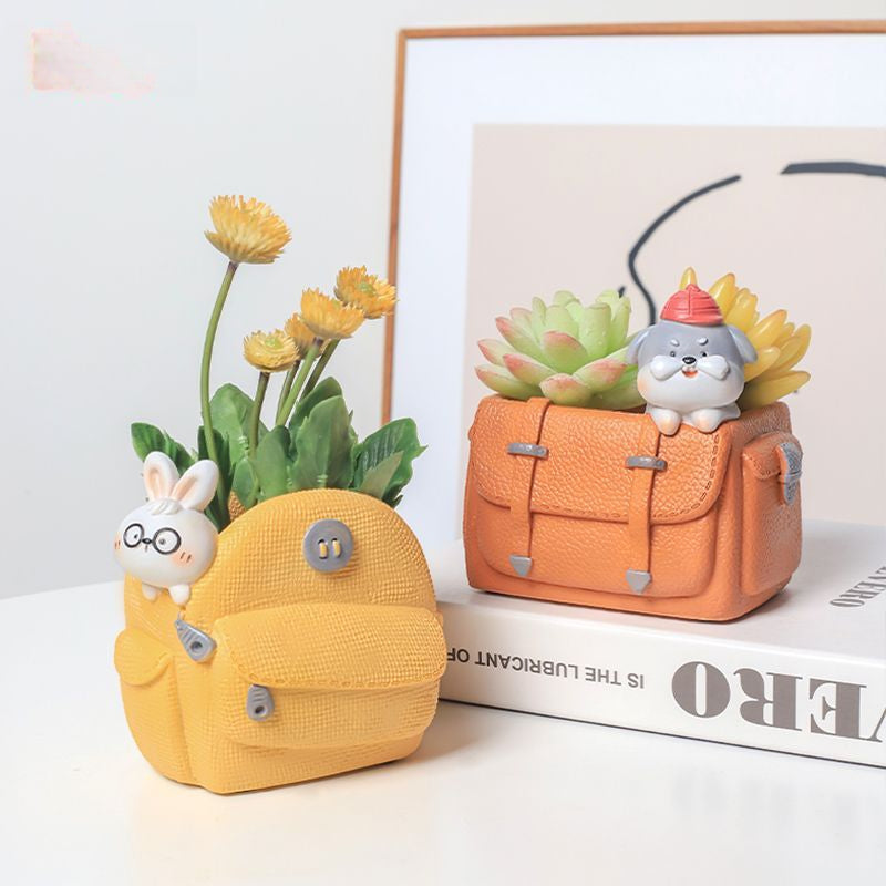 Creative Cute Cartoon Backpack Puppy Succulent Pot, Personalized Balcony Decoration Potted Plant Bonsai Figurine
