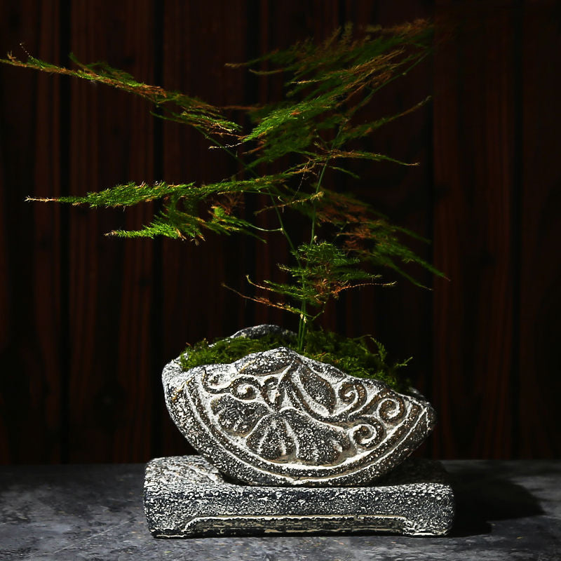 Chinese Style Imitation Stone Ceramic Flower Pot, Vintage Distressed Succulent Green Plant Planter with Cement Tray