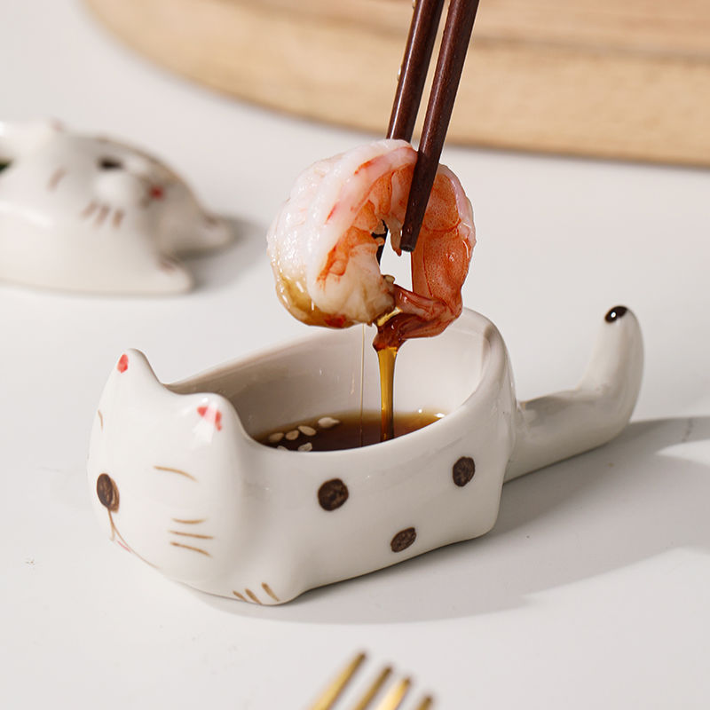 Cute Cat Ceramic Small Dish, High Aesthetic Dipping Sauce Dish, Dual-Use Chopstick Rest, Multi-functional Home Use