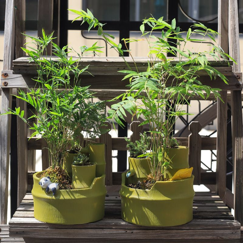 Pastoral Style Imitation Bamboo Resin Succulent Pot, Personalized Balcony Garden Micro Landscape Decor