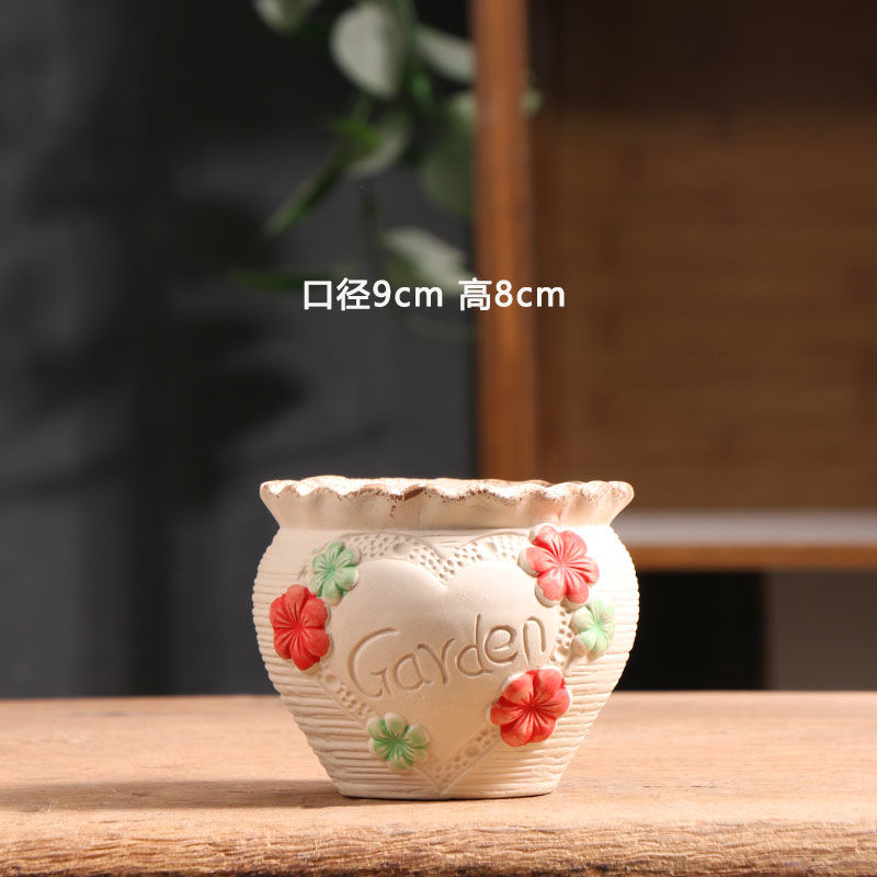 Spring Dot Ceramic Succulent Pot, Simple Home Balcony Terracotta Coarse Pottery Small Planter