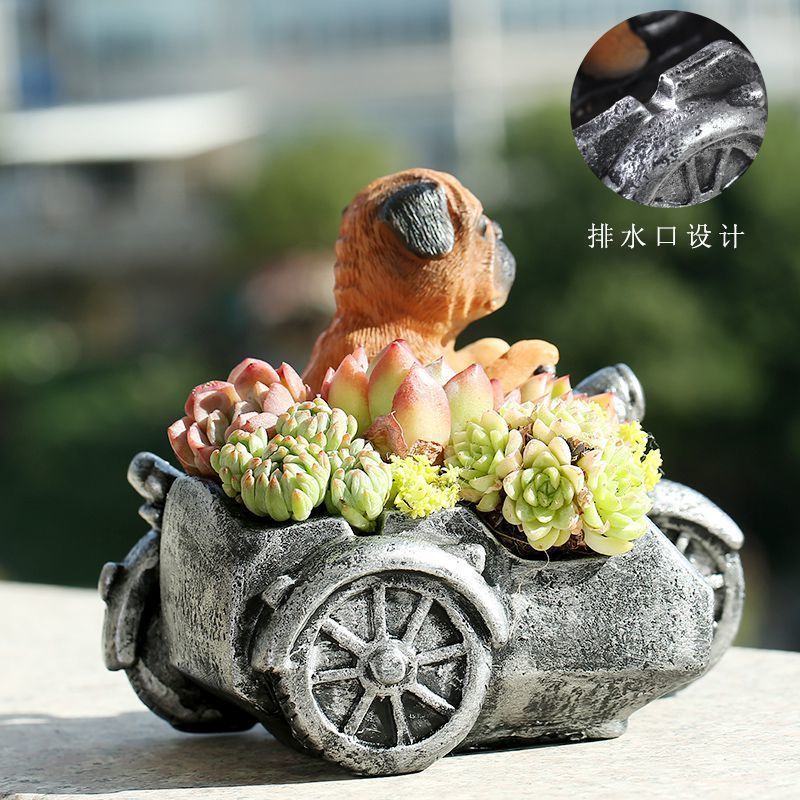 Creative Vintage Pug Small Dog Tricycle Motorcycle Figurine, Cartoon Succulent Pot, Home Planter