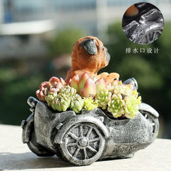 Creative Vintage Pug Small Dog Tricycle Motorcycle Figurine, Cartoon Succulent Pot, Home Planter