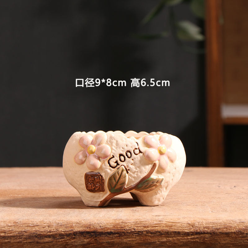 Spring Dot Ceramic Succulent Pot, Simple Home Balcony Terracotta Coarse Pottery Small Planter