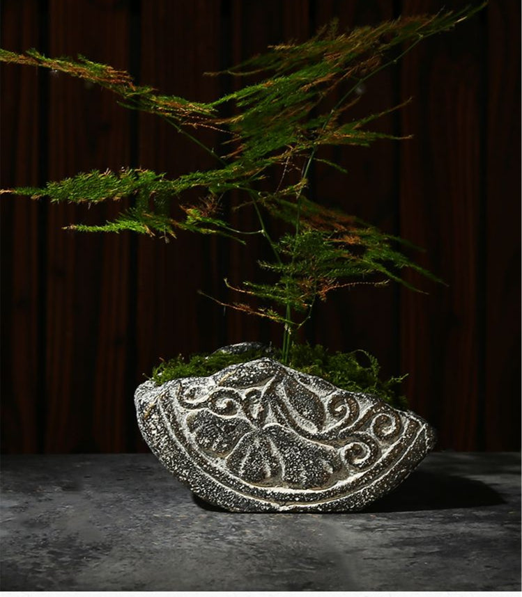 Chinese Style Imitation Stone Ceramic Flower Pot, Vintage Distressed Succulent Green Plant Planter with Cement Tray