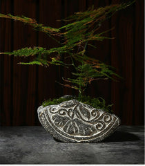 Chinese Style Imitation Stone Ceramic Flower Pot, Vintage Distressed Succulent Green Plant Planter with Cement Tray