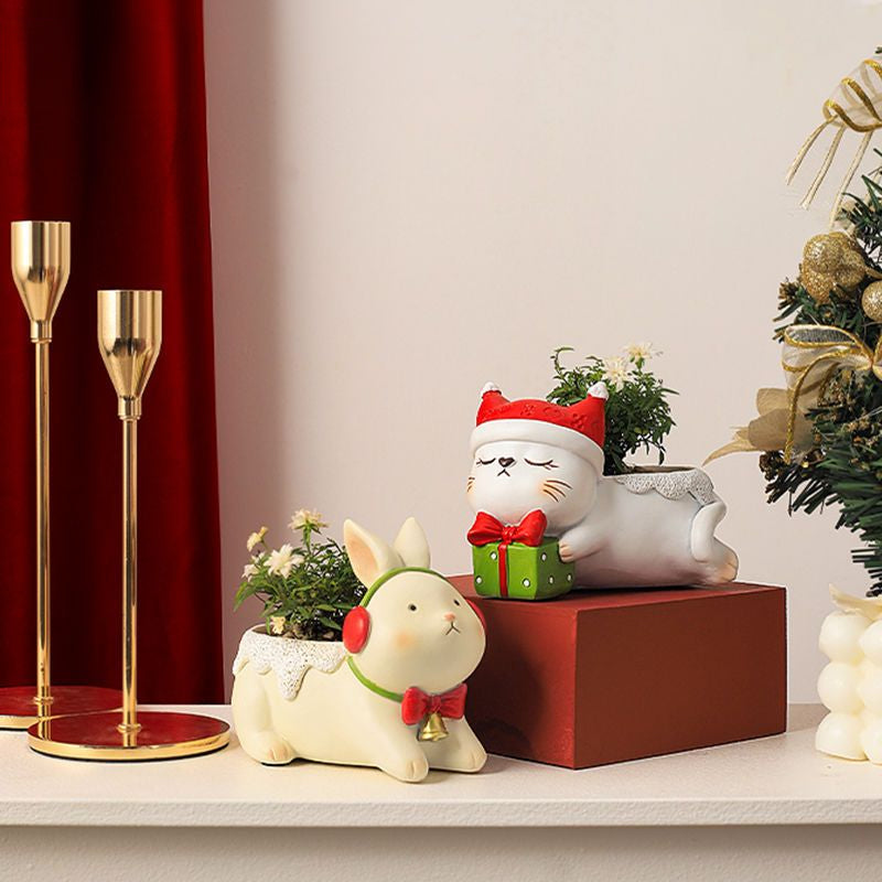 Cute Cartoon Christmas Reindeer Little Cat Small Animal Succulent Pot, American Style Balcony Garden Decor Gift