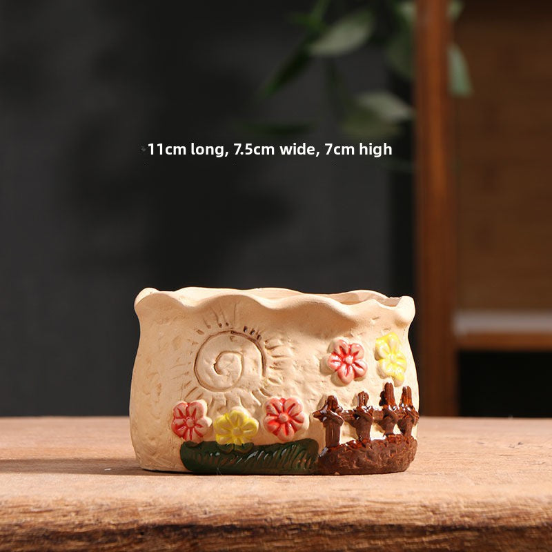Spring Dot Ceramic Succulent Pot, Simple Home Balcony Terracotta Coarse Pottery Small Planter
