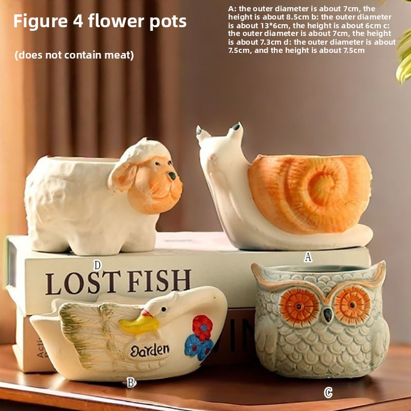Cute Animal Succulent Pot Set, Creative Coarse Pottery Simple Home Durable High Aesthetic Decor