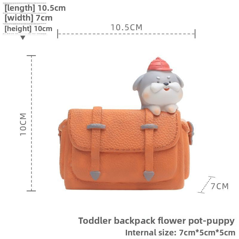 Creative Cute Cartoon Backpack Puppy Succulent Pot, Personalized Balcony Decoration Potted Plant Bonsai Figurine