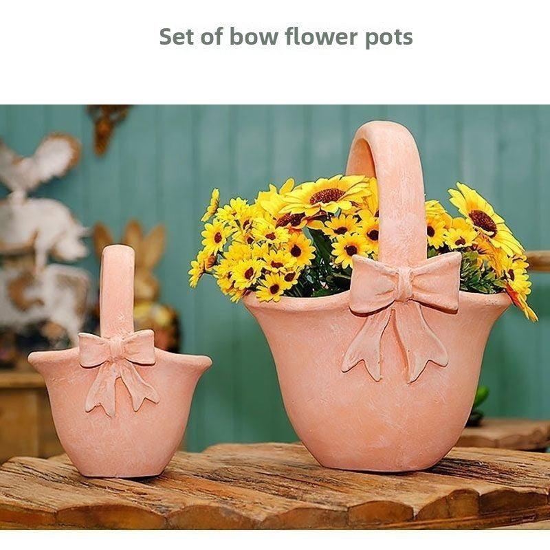 Cute Bowknot Magnesium Oxide Flower Pot / Planter, Durable Garden Courtyard Balcony Villa Decor Craft