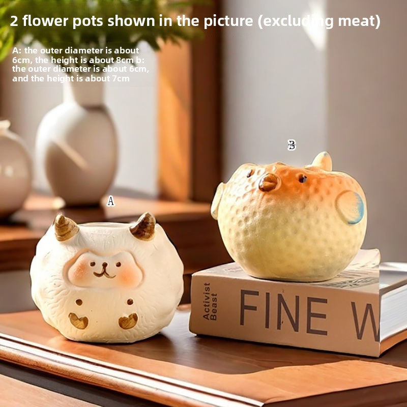 Cute Animal Succulent Pot Set, Creative Coarse Pottery Simple Home Durable High Aesthetic Decor
