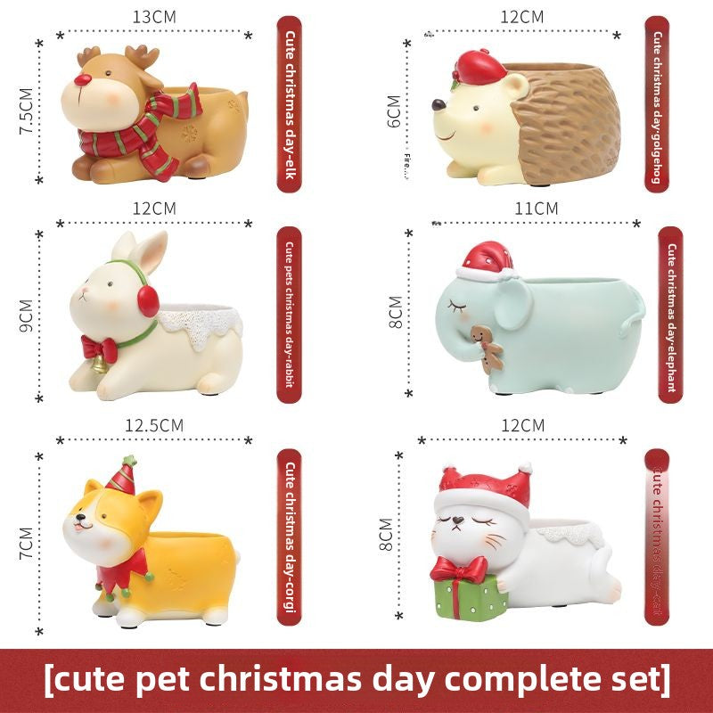 Cute Cartoon Christmas Reindeer Little Cat Small Animal Succulent Pot, American Style Balcony Garden Decor Gift