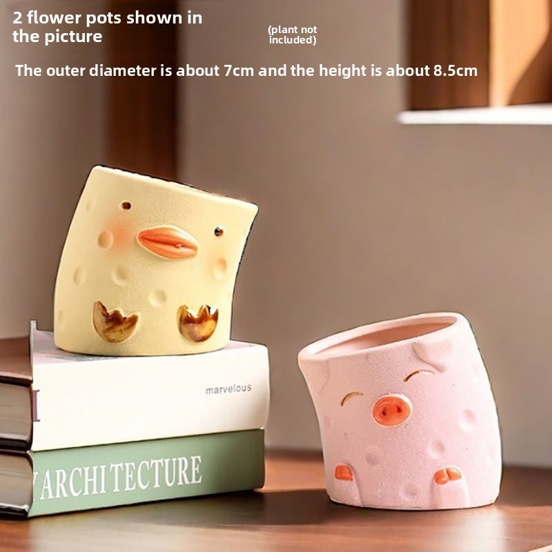 Cute Animal Succulent Pot Set, Creative Coarse Pottery Simple Home Durable High Aesthetic Decor